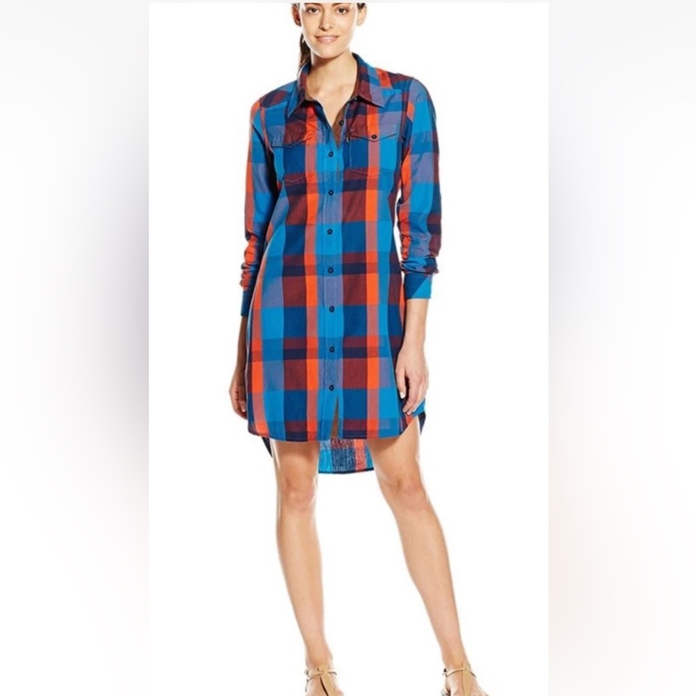Womens Kavu Jurnee Plaid Button Up Dress Size S Red Blue elbow Patches